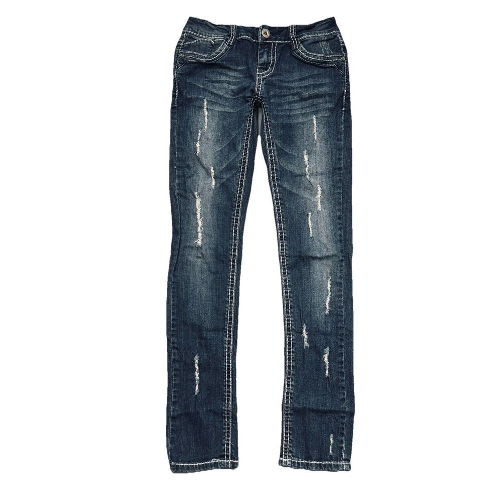 Monicas Low Rise Skinny Jeans 3 (26x29.5) Distressed Blue Denim Stretch Juniors